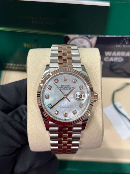 Rolex Stainless Steel And Pink Gold Datejust - 36 MM - Jubilee Bracelet - Fluted Bezel - Mother of Pearl Diamond Dial - 126231-0021