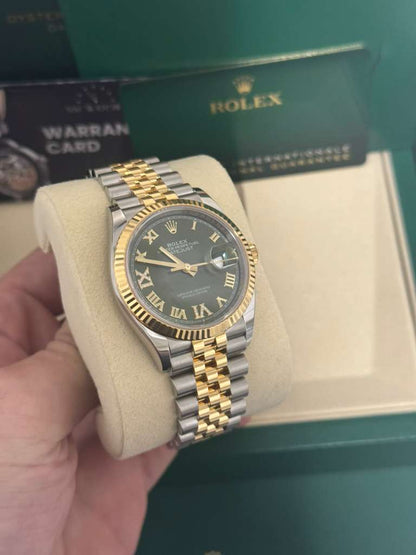 Rolex Stainless Steel And Yellow Gold Datejust - 36 MM - Jubilee Bracelet - Fluted Bezel - Olive Green Roman Dial - 126233-0025