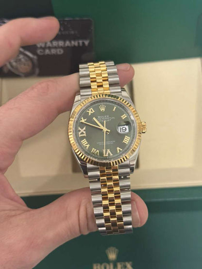 Rolex Stainless Steel And Yellow Gold Datejust - 36 MM - Jubilee Bracelet - Fluted Bezel - Olive Green Roman Dial - 126233-0025