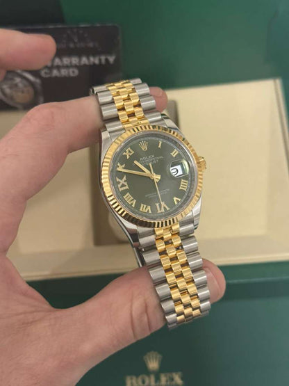 Rolex Stainless Steel And Yellow Gold Datejust - 36 MM - Jubilee Bracelet - Fluted Bezel - Olive Green Roman Dial - 126233-0025