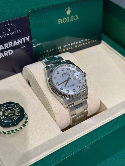 Rolex Stainless Steel And White Gold Datejust - 36 MM - Oyster Bracelet - Fluted Bezel - Mother Of Pearl Diamond Dial - 126234-0020