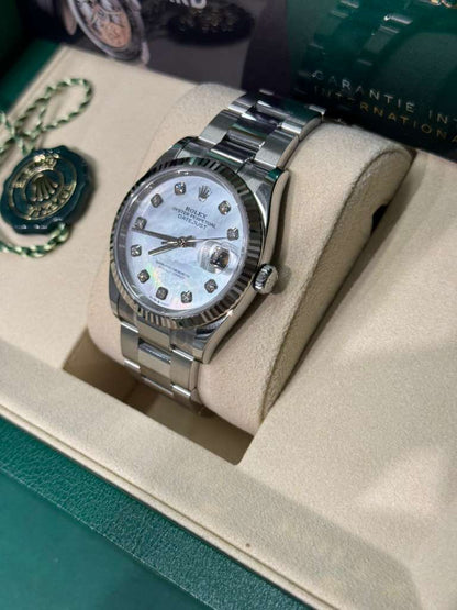 Rolex Stainless Steel And White Gold Datejust - 36 MM - Oyster Bracelet - Fluted Bezel - Mother Of Pearl Diamond Dial - 126234-0020