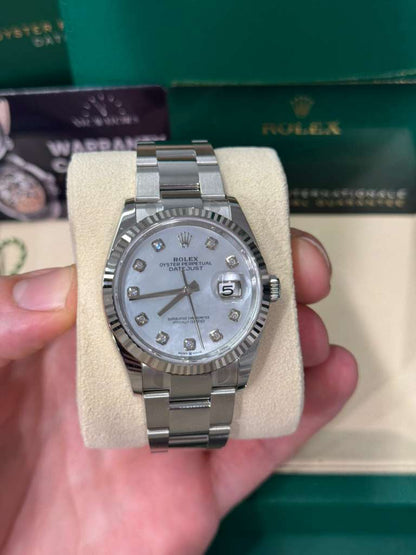 Rolex Stainless Steel And White Gold Datejust - 36 MM - Oyster Bracelet - Fluted Bezel - Mother Of Pearl Diamond Dial - 126234-0020