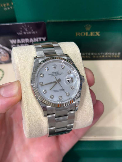 Rolex Stainless Steel And White Gold Datejust - 36 MM - Oyster Bracelet - Fluted Bezel - Mother Of Pearl Diamond Dial - 126234-0020