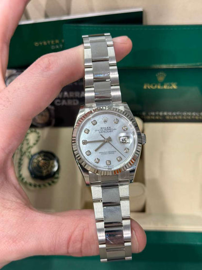 Rolex Stainless Steel And White Gold Datejust - 36 MM - Oyster Bracelet - Fluted Bezel - Mother Of Pearl Diamond Dial - 126234-0020