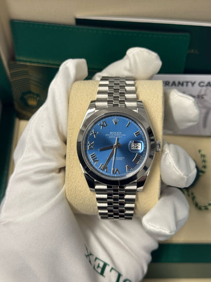 Rolex Stainless Steel Datejust 41 Date Watch - 41 MM - Jubilee Bracelet - Smooth Bezel - Blue Roman Dial - 126300-0018
