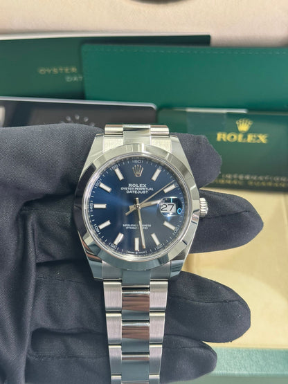 Rolex Stainless Steel Datejust 41 Date Watch - 41 MM - Oyster Bracelet - Smooth Bezel - Blue Dial - 126300-0001