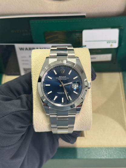Rolex Stainless Steel Datejust 41 Date Watch - 41 MM - Oyster Bracelet - Smooth Bezel - Blue Dial - 126300-0001