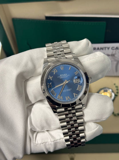 Rolex Stainless Steel Datejust 41 Date Watch - 41 MM - Jubilee Bracelet - Smooth Bezel - Blue Roman Dial - 126300-0018
