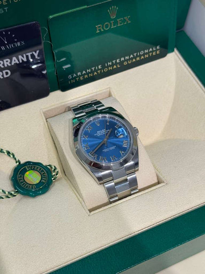 Rolex Stainless Steel Datejust 41 Date Watch - 41 MM - Oyster Bracelet - Smooth Bezel - Blue Roman Dial -  126300-0017