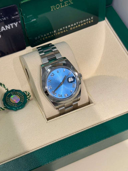 Rolex Stainless Steel Datejust 41 Date Watch - 41 MM - Oyster Bracelet - Smooth Bezel - Blue Roman Dial -  126300-0017