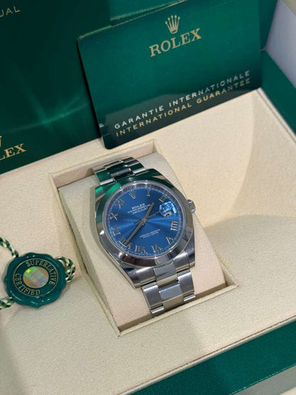 Rolex Stainless Steel Datejust 41 Date Watch - 41 MM - Oyster Bracelet - Smooth Bezel - Blue Roman Dial -  126300-0017