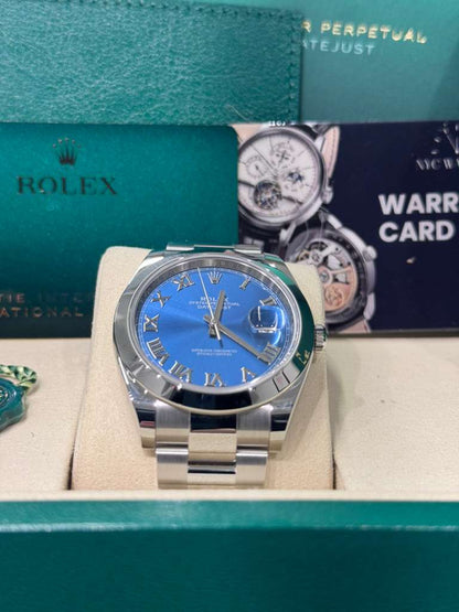 Rolex Stainless Steel Datejust 41 Date Watch - 41 MM - Oyster Bracelet - Smooth Bezel - Blue Roman Dial -  126300-0017
