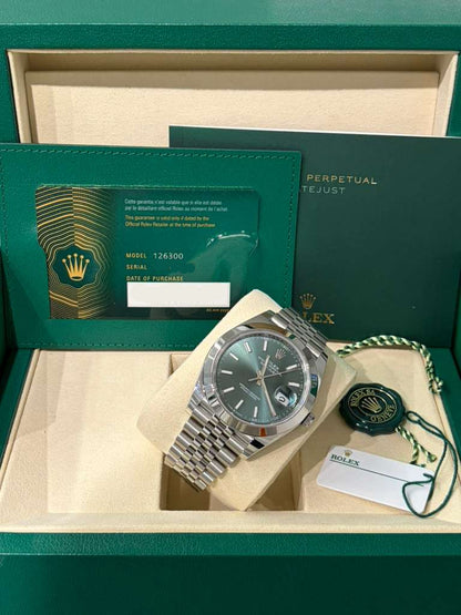 Rolex Stainless Steel Datejust 41 Date Watch - 41 MM - Jubilee Bracelet - Smooth Bezel - Mint Green Dial - 126300-0020