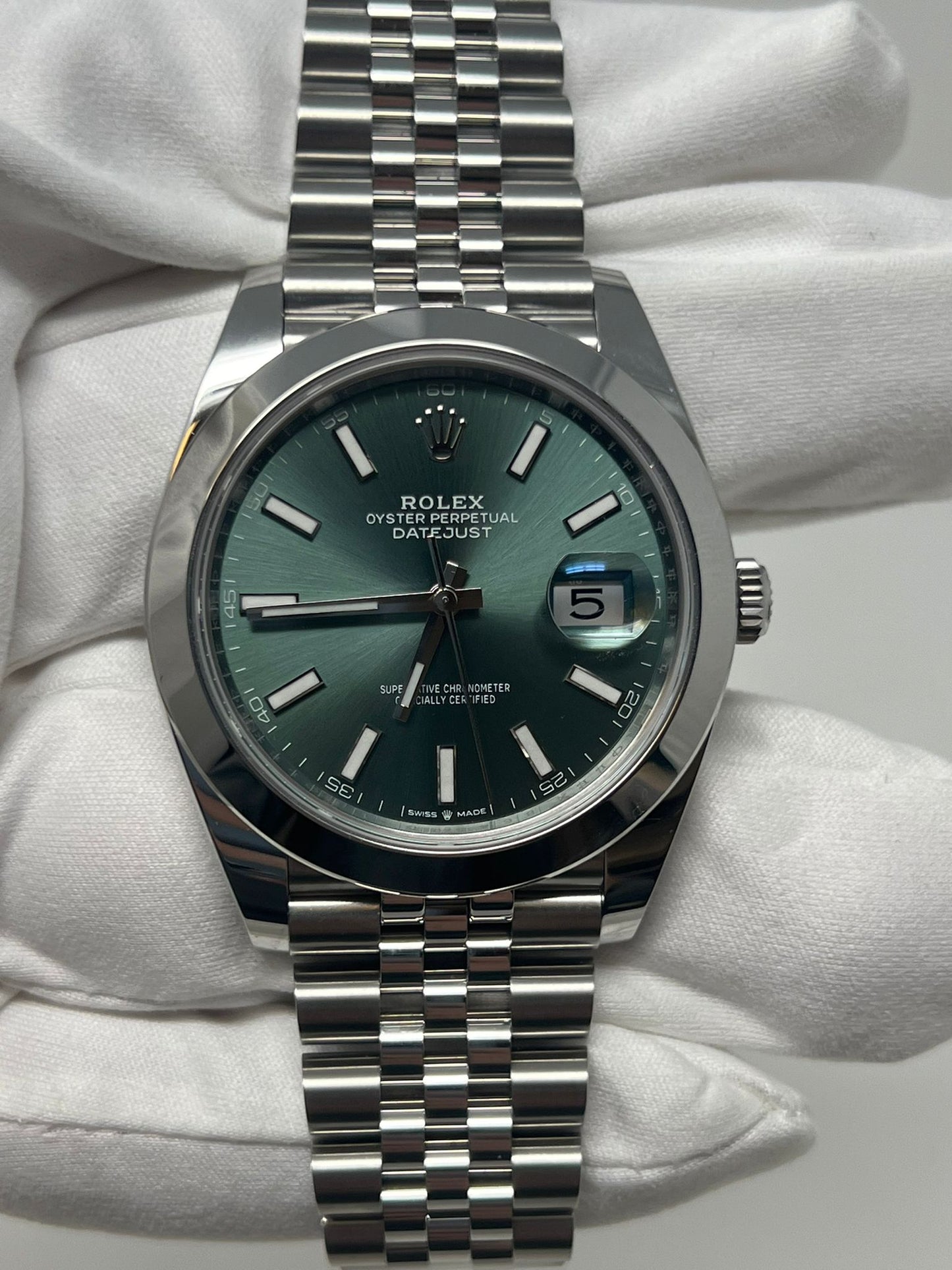 Rolex Stainless Steel Datejust 41 Date Watch - 41 MM - Jubilee Bracelet - Smooth Bezel - Mint Green Dial - 126300-0020