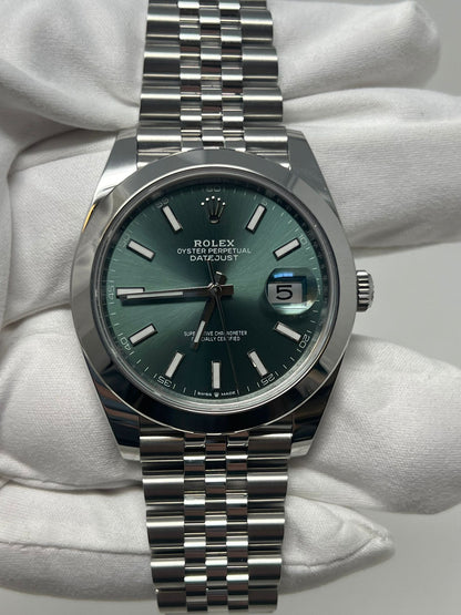 Rolex Stainless Steel Datejust 41 Date Watch - 41 MM - Jubilee Bracelet - Smooth Bezel - Mint Green Dial - 126300-0020