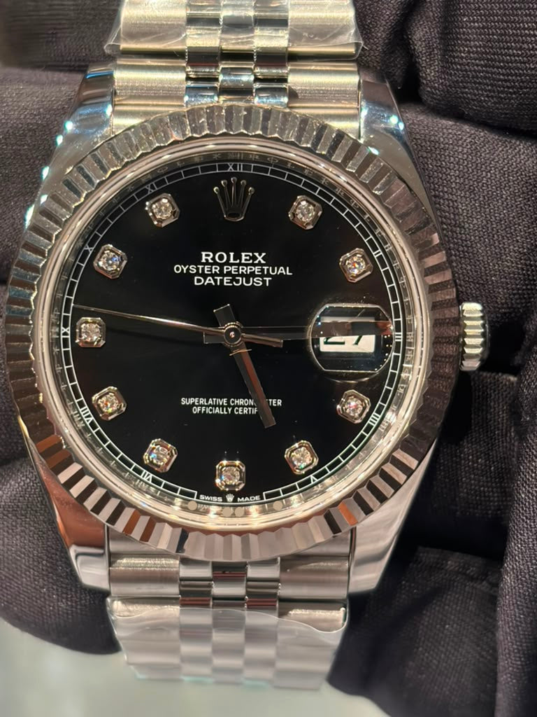 Rolex Stainless Steel and White Gold Datejust 41 Date Watch - 41 MM - Jubilee Bracelet - Fluted Bezel - Black Diamond Dial - 126334-0012