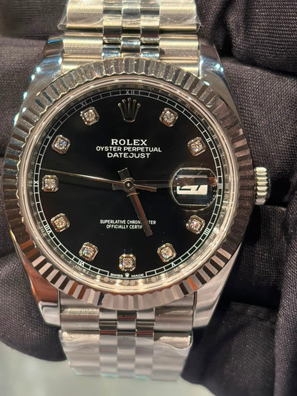 Rolex Stainless Steel and White Gold Datejust 41 Date Watch - 41 MM - Jubilee Bracelet - Fluted Bezel - Black Diamond Dial - 126334-0012