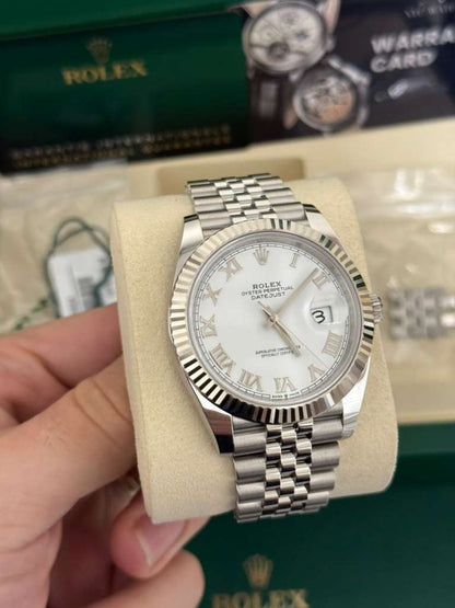 Rolex Stainless Steel and White Gold Datejust 41 Date Watch - 41 MM - Jubilee Bracelet - Fluted Bezel - White Roman Dial - 126334-0024