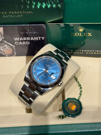 Rolex Stainless Steel and White Gold Datejust 41 Date Watch - 41 MM - Oyster Bracelet - Fluted Bezel - Blue Roman Dial - 126334-0025