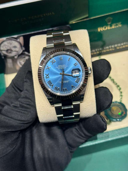 Rolex Stainless Steel and White Gold Datejust 41 Date Watch - 41 MM - Oyster Bracelet - Fluted Bezel - Blue Roman Dial - 126334-0025