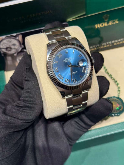 Rolex Stainless Steel and White Gold Datejust 41 Date Watch - 41 MM - Oyster Bracelet - Fluted Bezel - Blue Roman Dial - 126334-0025