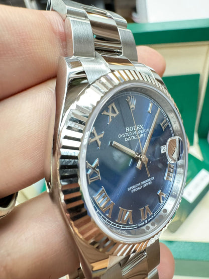 Rolex Stainless Steel and White Gold Datejust 41 Date Watch - 41 MM - Oyster Bracelet - Fluted Bezel - Blue Roman Dial - 126334-0025