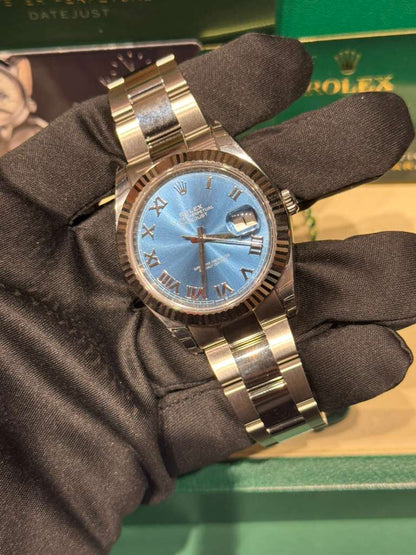 Rolex Stainless Steel and White Gold Datejust 41 Date Watch - 41 MM - Oyster Bracelet - Fluted Bezel - Blue Roman Dial - 126334-0025