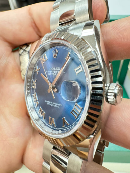 Rolex Stainless Steel and White Gold Datejust 41 Date Watch - 41 MM - Oyster Bracelet - Fluted Bezel - Blue Roman Dial - 126334-0025