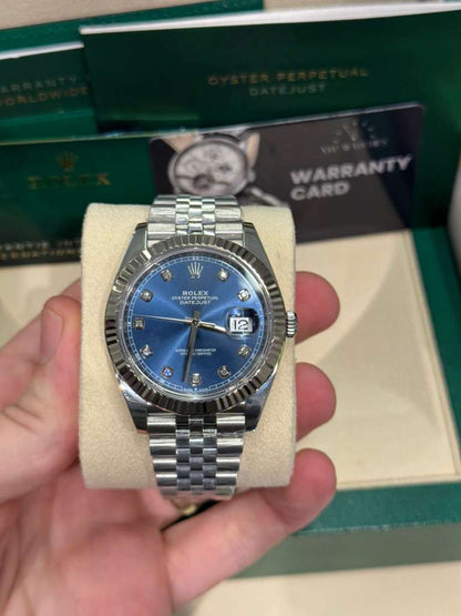 Rolex Stainless Steel and White Gold Datejust 41 Date Watch - 41 MM - Jubilee Bracelet - Fluted Bezel - Blue Diamond Dial - 126334-0016