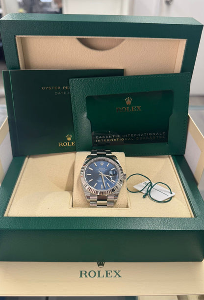 Rolex Stainless Steel and White Gold Datejust 41 Date Watch - 41 MM - Oyster Bracelet - Fluted Bezel - Blue Dial - 126334-0001