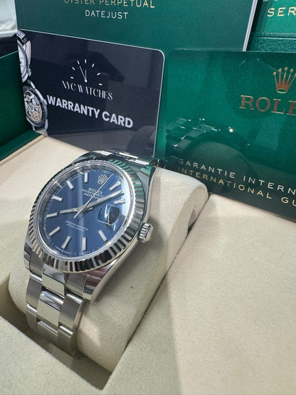 Rolex Stainless Steel and White Gold Datejust 41 Date Watch - 41 MM - Oyster Bracelet - Fluted Bezel - Blue Dial - 126334-0001