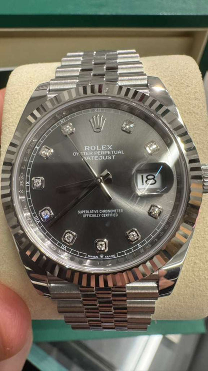 Rolex Stainless Steel and White Gold Datejust 41 Date Watch - 41 MM - Jubilee Bracelet - Fluted Bezel - Dark Rhodium Diamond Dial - 126334-0006