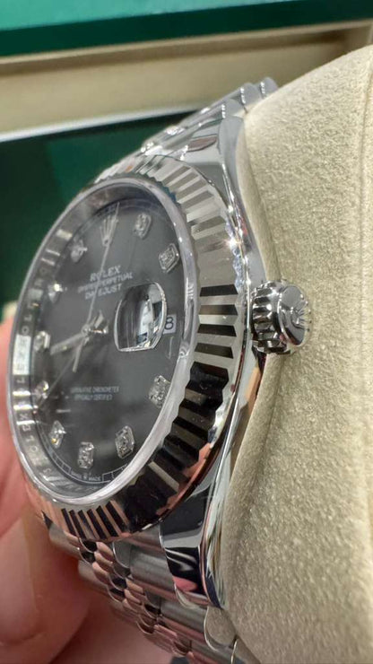 Rolex Stainless Steel and White Gold Datejust 41 Date Watch - 41 MM - Jubilee Bracelet - Fluted Bezel - Dark Rhodium Diamond Dial - 126334-0006