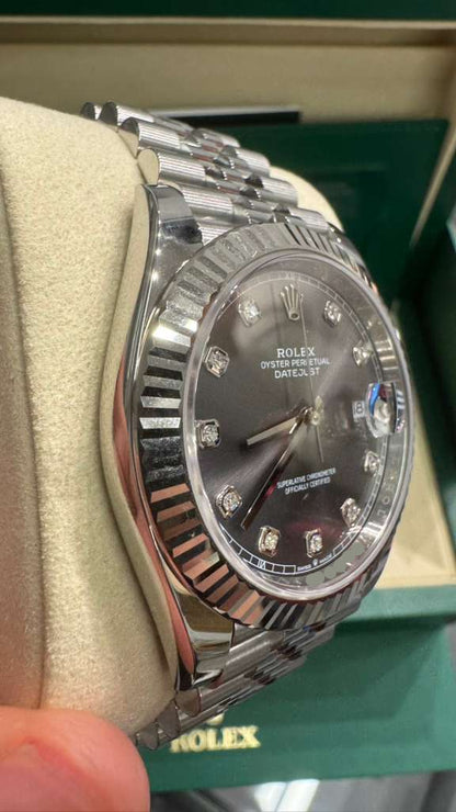Rolex Stainless Steel and White Gold Datejust 41 Date Watch - 41 MM - Jubilee Bracelet - Fluted Bezel - Dark Rhodium Diamond Dial - 126334-0006