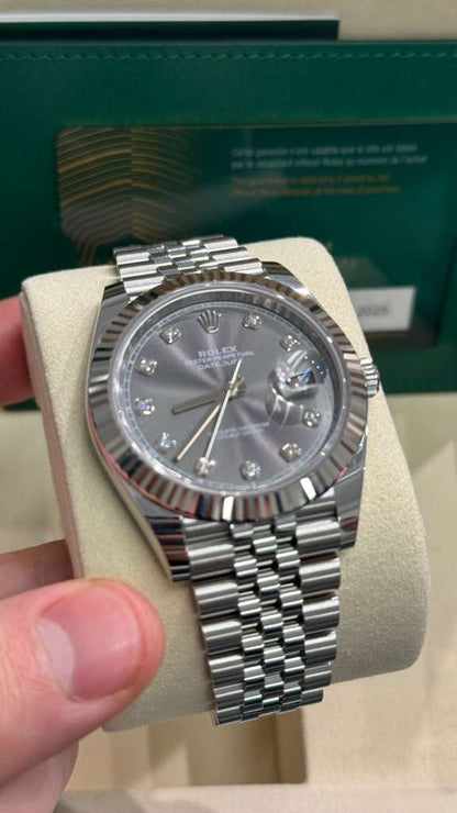 Rolex Stainless Steel and White Gold Datejust 41 Date Watch - 41 MM - Jubilee Bracelet - Fluted Bezel - Dark Rhodium Diamond Dial - 126334-0006