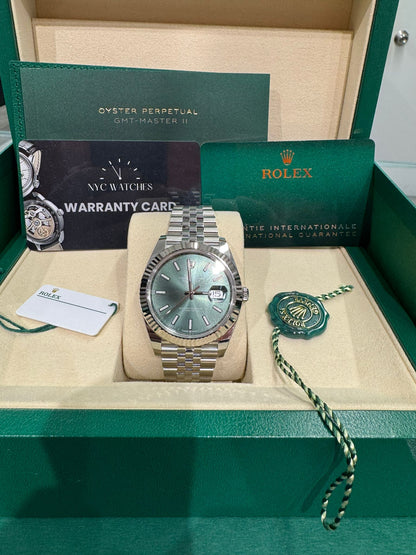 Rolex Stainless Steel and White Gold Datejust 41 Date Watch - 41 MM - Jubilee Bracelet - Fluted Bezel - Green Dial - 126334-0028