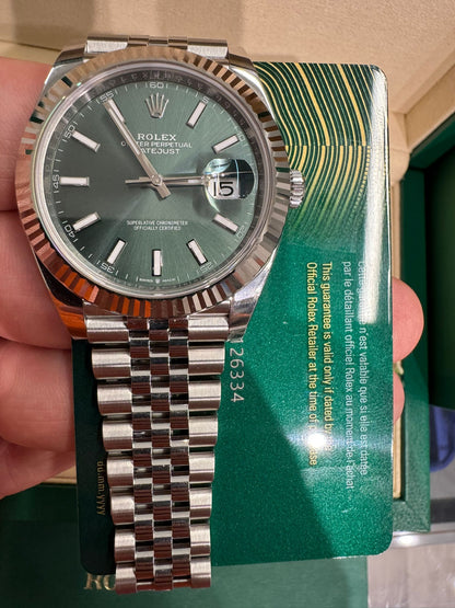 Rolex Stainless Steel and White Gold Datejust 41 Date Watch - 41 MM - Jubilee Bracelet - Fluted Bezel - Green Dial - 126334-0028