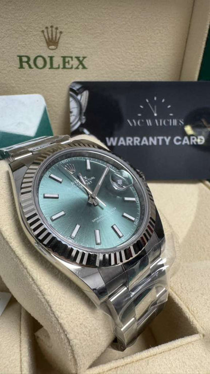 Rolex Stainless Steel and White Gold Datejust 41 Date Watch - 41 MM - Oyster Bracelet - Fluted Bezel - Green Dial - 126334-0027