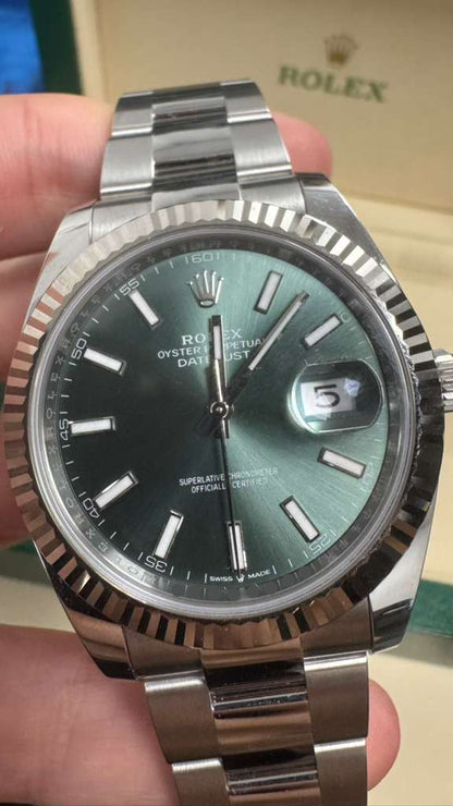 Rolex Stainless Steel and White Gold Datejust 41 Date Watch - 41 MM - Oyster Bracelet - Fluted Bezel - Green Dial - 126334-0027
