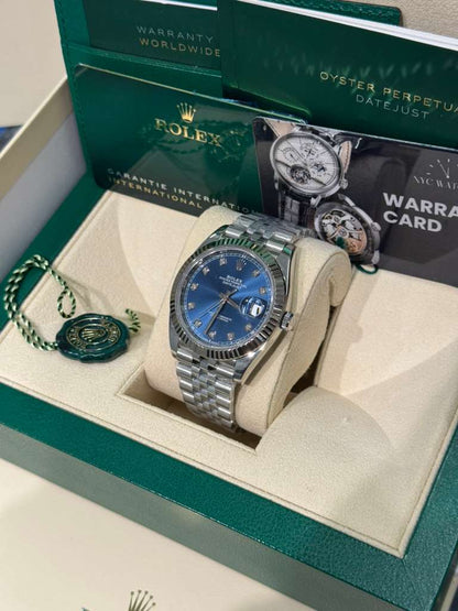 Rolex Stainless Steel and White Gold Datejust 41 Date Watch - 41 MM - Jubilee Bracelet - Fluted Bezel - Blue Diamond Dial - 126334-0016
