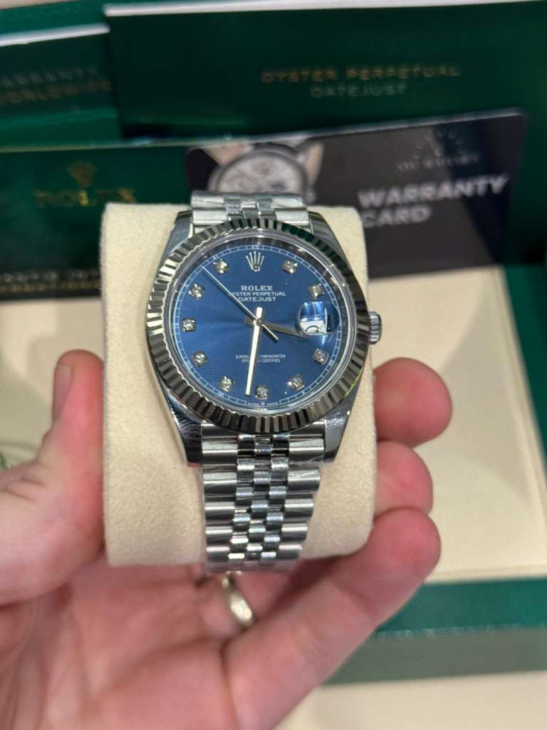 Rolex Stainless Steel and White Gold Datejust 41 Date Watch - 41 MM - Jubilee Bracelet - Fluted Bezel - Blue Diamond Dial - 126334-0016