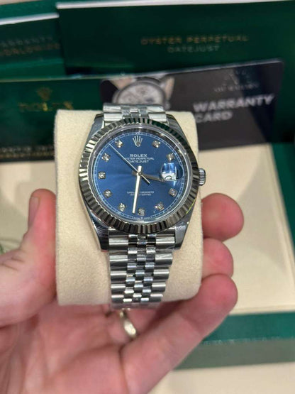 Rolex Stainless Steel and White Gold Datejust 41 Date Watch - 41 MM - Jubilee Bracelet - Fluted Bezel - Blue Diamond Dial - 126334-0016