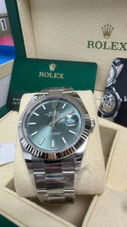 Rolex Stainless Steel and White Gold Datejust 41 Date Watch - 41 MM - Oyster Bracelet - Fluted Bezel - Green Dial - 126334-0027