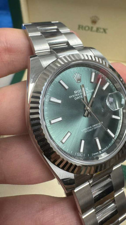 Rolex Stainless Steel and White Gold Datejust 41 Date Watch - 41 MM - Oyster Bracelet - Fluted Bezel - Green Dial - 126334-0027