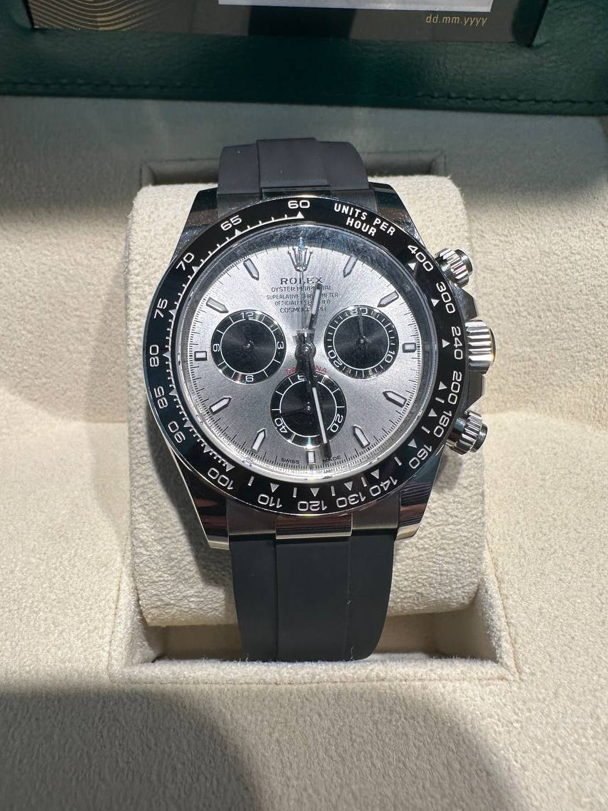 Rolex White Gold Cosmograph Daytona Watch - 40 MM - Oysterflex Strap - Black Ceramic Bezel - Steel And Black Index Dial - 126519LN-0006