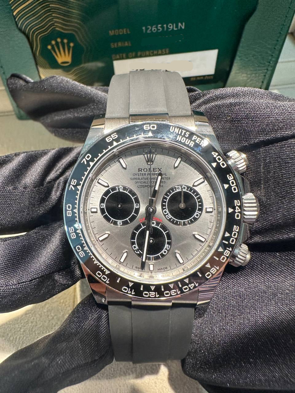 Rolex White Gold Cosmograph Daytona Watch - 40 MM - Oysterflex Strap - Black Ceramic Bezel - Steel And Black Index Dial - 126519LN-0006