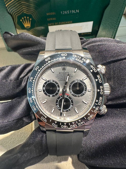 Rolex White Gold Cosmograph Daytona Watch - 40 MM - Oysterflex Strap - Black Ceramic Bezel - Steel And Black Index Dial - 126519LN-0006