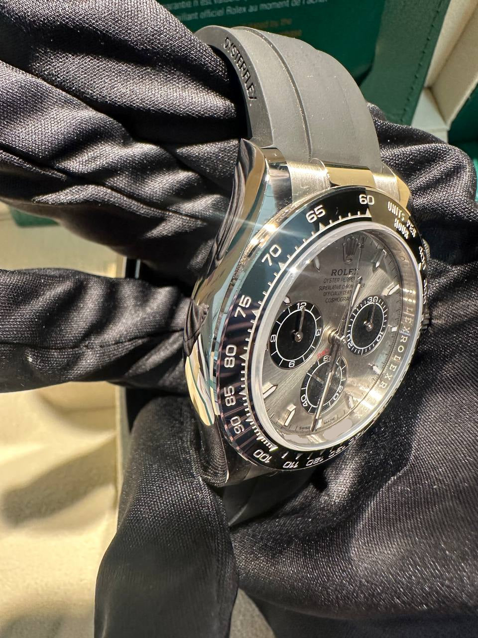 Rolex White Gold Cosmograph Daytona Watch - 40 MM - Oysterflex Strap - Black Ceramic Bezel - Steel And Black Index Dial - 126519LN-0006