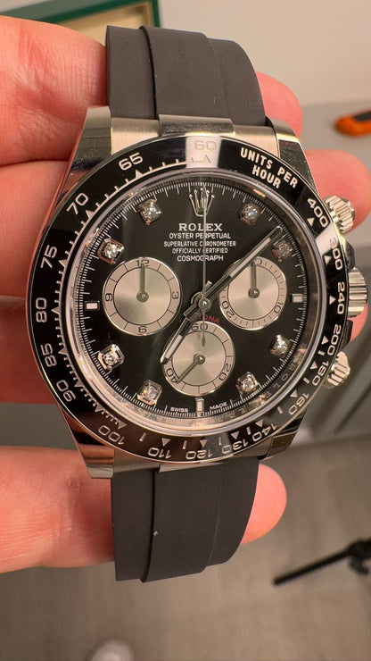 Rolex White Gold Cosmograph Daytona Watch - 40 MM - Oysterflex Strap - Black Ceramic Bezel - Black And Steel Diamond Dial - 126519LN-0004